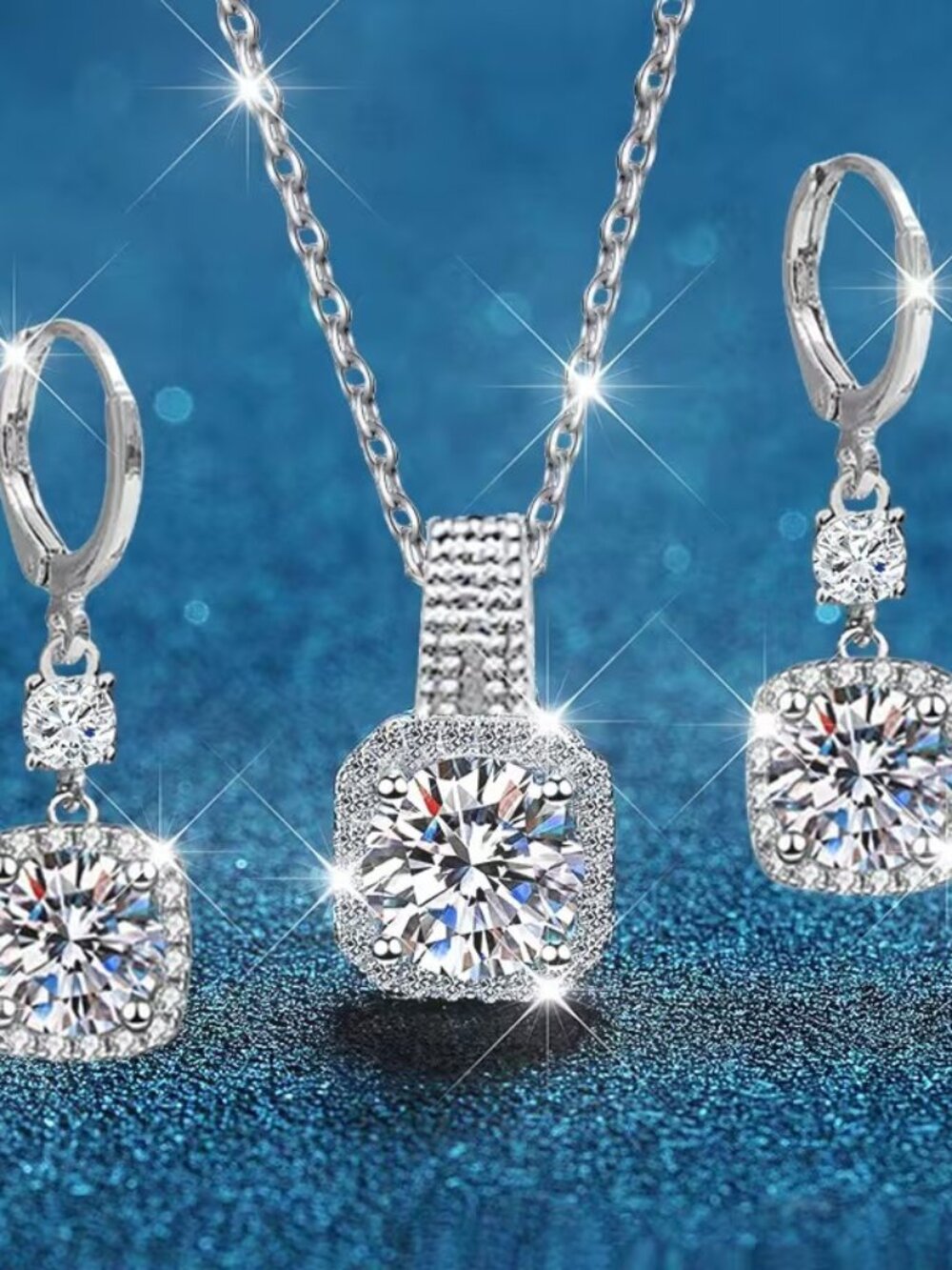 3pcs Elegant Luxurious Square Silvery Necklace Earrings Set